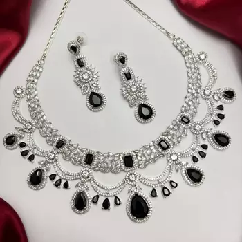 Black Onyx Look Bridal Necklace Set, Silver Tone Statement Jewelry, Indian Wedding Earrings 3