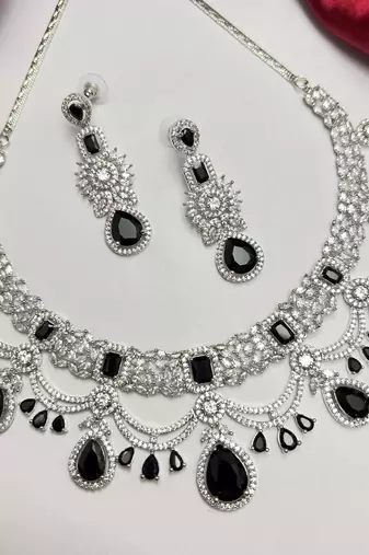 Black Onyx Look Bridal Necklace Set, Silver Tone Statement Jewelry, Indian Wedding Earrings