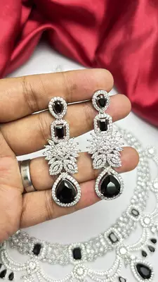 Black Onyx Look Bridal Necklace Set, Silver Tone Statement Jewelry, Indian Wedding Earrings 4