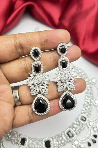 Black Onyx Look Bridal Necklace Set, Silver Tone Statement Jewelry, Indian Wedding Earrings