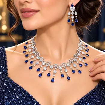 Royal Blue Crystal Bridal Necklace Earrings Set, Silver-Tone Statement Jewelry 1