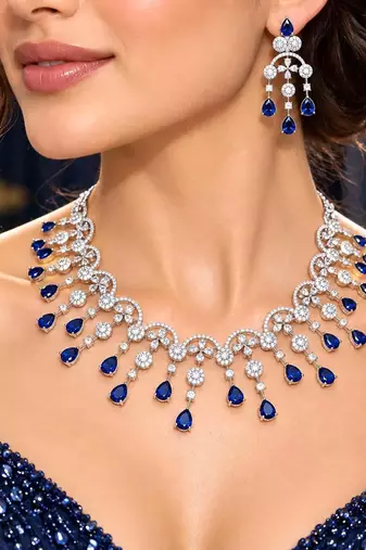 Royal Blue Crystal Bridal Necklace Earrings Set, Silver-Tone Statement Jewelry