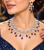 Royal Blue Crystal Bridal Necklace Earrings Set, Silver-Tone Statement Jewelry
