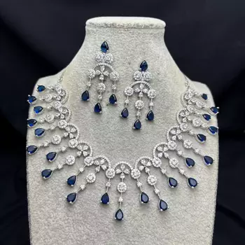 Royal Blue Crystal Bridal Necklace Earrings Set, Silver-Tone Statement Jewelry 2