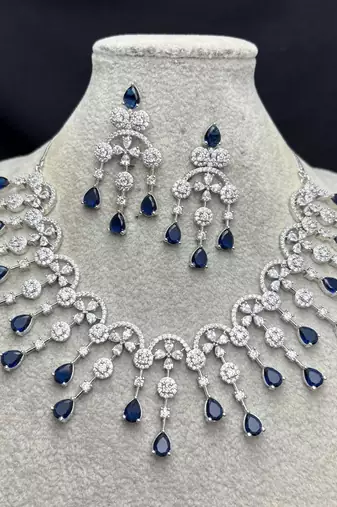 Royal Blue Crystal Bridal Necklace Earrings Set, Silver-Tone Statement Jewelry