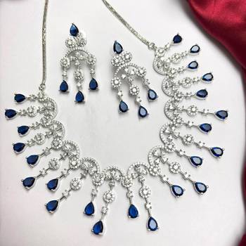 Royal Blue Crystal Bridal Necklace Earrings Set, Silver-Tone Statement Jewelry 3