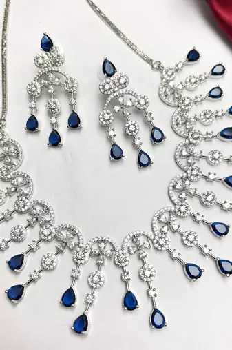 Royal Blue Crystal Bridal Necklace Earrings Set, Silver-Tone Statement Jewelry