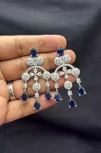 Royal Blue Crystal Bridal Necklace Earrings Set, Silver-Tone Statement Jewelry