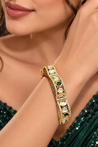 Emerald Green Kundan Kada Bracelet, Gold Plated CZ Bangle, Bridal Wedding Cuff