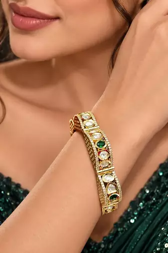 Emerald Green Kundan Kada Bracelet, Gold Plated CZ Bangle, Bridal Wedding Cuff