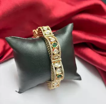 Emerald Green Kundan Kada Bracelet, Gold Plated CZ Bangle, Bridal Wedding Cuff 2