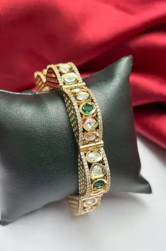 Emerald Green Kundan Kada Bracelet, Gold Plated CZ Bangle, Bridal Wedding Cuff