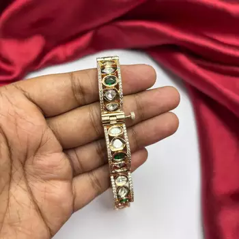 Emerald Green Kundan Kada Bracelet, Gold Plated CZ Bangle, Bridal Wedding Cuff 3