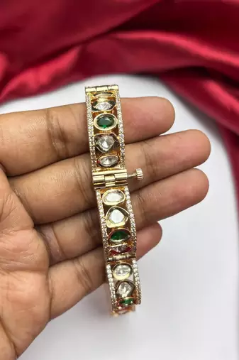 Emerald Green Kundan Kada Bracelet, Gold Plated CZ Bangle, Bridal Wedding Cuff