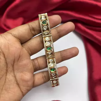 Emerald Green Kundan Kada Bracelet, Gold Plated CZ Bangle, Bridal Wedding Cuff 4