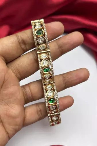 Emerald Green Kundan Kada Bracelet, Gold Plated CZ Bangle, Bridal Wedding Cuff