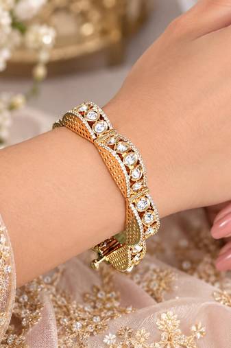 Gold Tone Kundan Polki Bracelet, Bridal CZ Bangle, Indian Wedding Jewelry