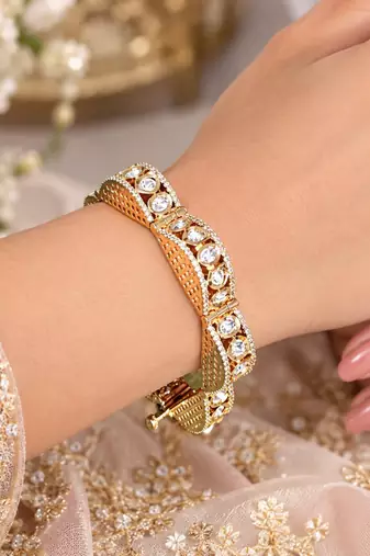Gold Tone Kundan Polki Bracelet, Bridal CZ Bangle, Indian Wedding Jewelry