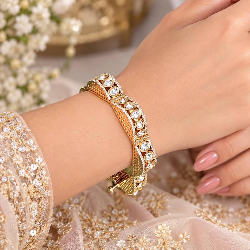 Gold Tone Kundan Polki Bracelet, Bridal CZ Bangle, Indian Wedding Jewelry