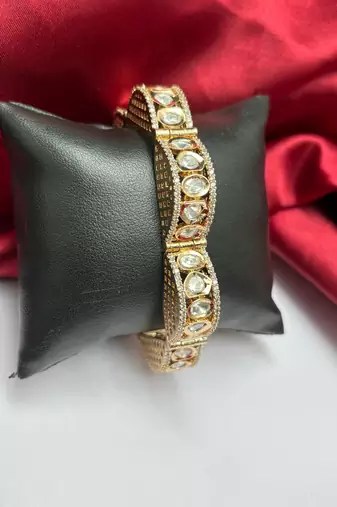 Gold Tone Kundan Polki Bracelet, Bridal CZ Bangle, Indian Wedding Jewelry