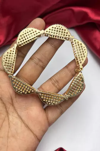 Gold Tone Kundan Polki Bracelet, Bridal CZ Bangle, Indian Wedding Jewelry