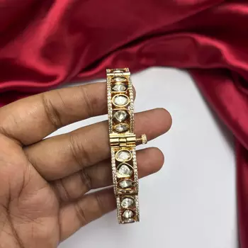 Gold Tone Kundan Polki Bracelet, Bridal CZ Bangle, Indian Wedding Jewelry 4