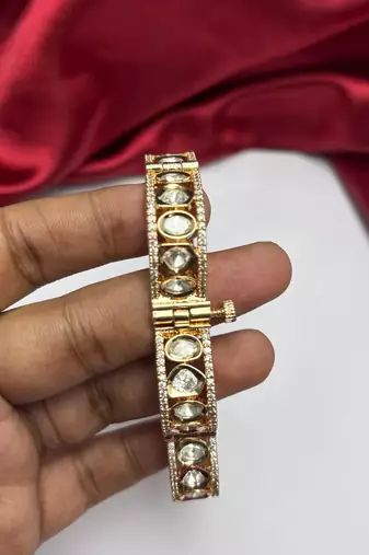 Gold Tone Kundan Polki Bracelet, Bridal CZ Bangle, Indian Wedding Jewelry