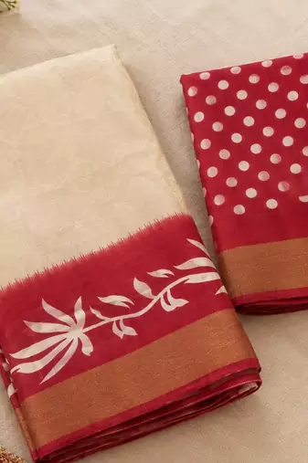 Cream red zari border cotton silk saree