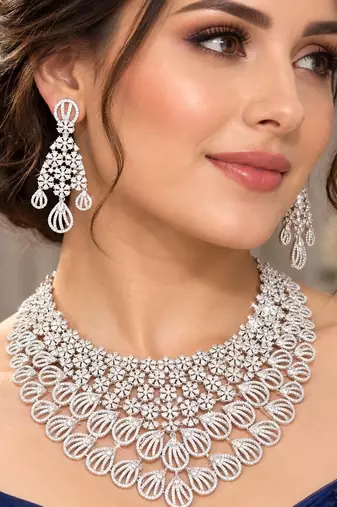 Indian Bridal Necklace Earrings Set, Crystal Statement Choker, Floral Motif Jewelry