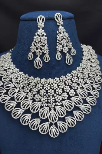 Indian Bridal Necklace Earrings Set, Crystal Statement Choker, Floral Motif Jewelry