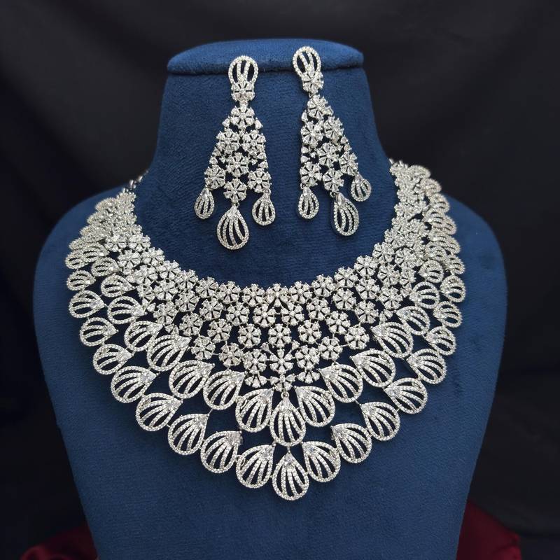Indian Bridal Necklace Earrings Set, Crystal Statement Choker, Floral Motif Jewelry