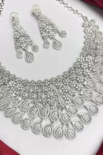 Indian Bridal Necklace Earrings Set, Crystal Statement Choker, Floral Motif Jewelry