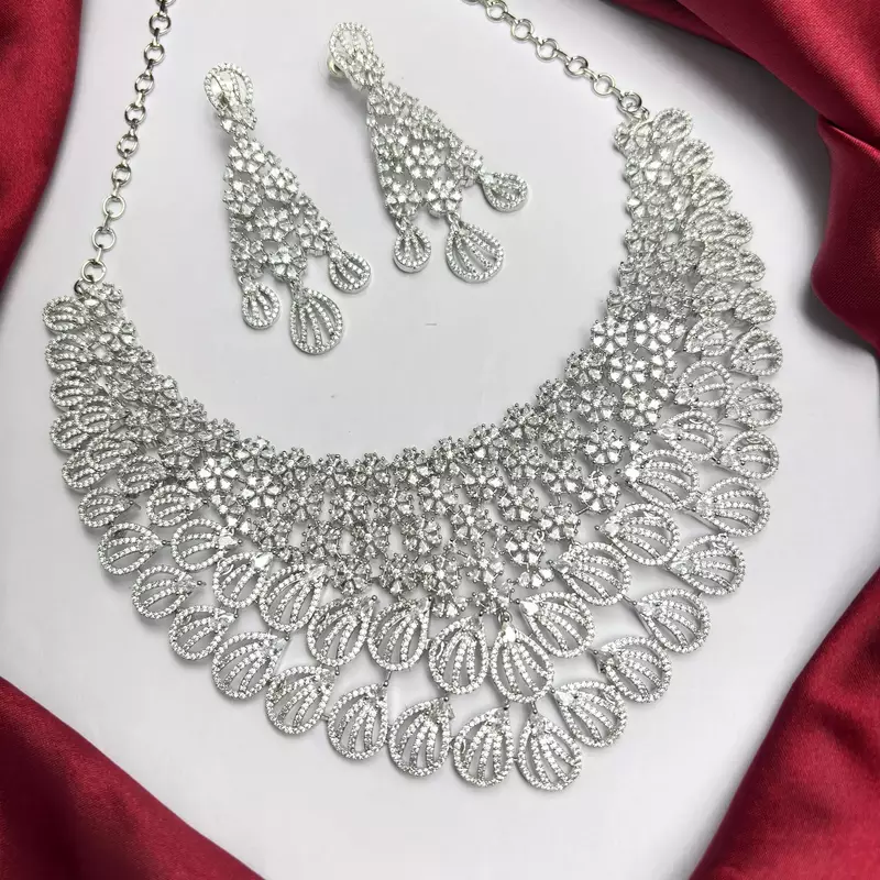 Indian Bridal Necklace Earrings Set, Crystal Statement Choker, Floral Motif Jewelry