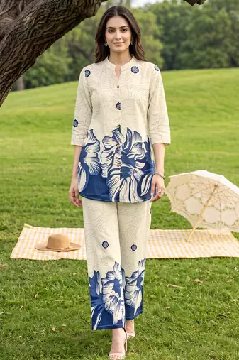 Cream blue printed rayon 2-pieces co-ord sets for women