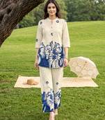Cream blue printed rayon 2-pieces co-ord sets for women