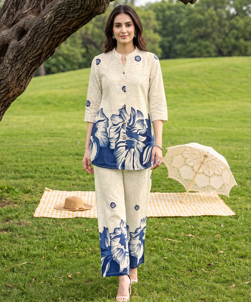 Cream blue printed rayon 2-pieces co-ord sets for women
