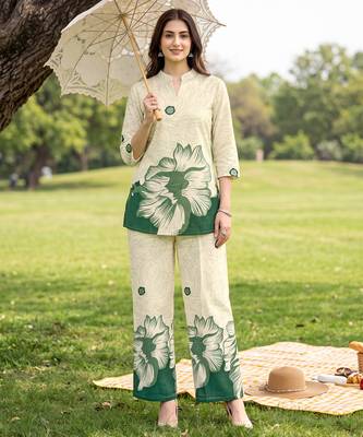 Cream green printed rayon 2-pieces co-ord sets for women 1