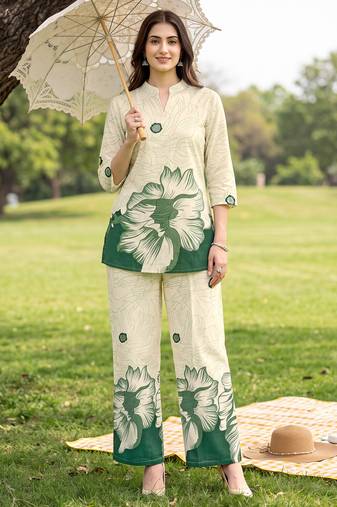 Cream green printed rayon 2-pieces co-ord sets for women