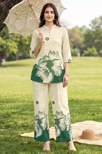 Cream green printed rayon 2-pieces co-ord sets for women