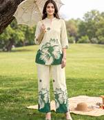 Cream green printed rayon 2-pieces co-ord sets for women
