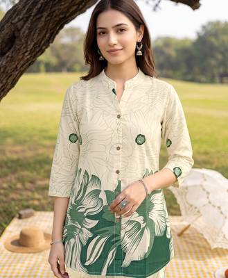 Cream green printed rayon 2-pieces co-ord sets for women 2