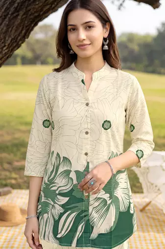 Cream green printed rayon 2-pieces co-ord sets for women
