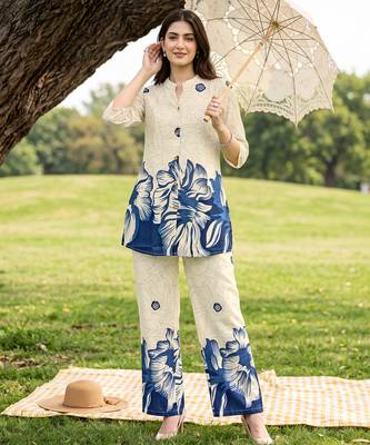 Cream blue printed rayon 2-pieces co-ord sets for women 3