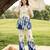Cream blue printed rayon 2-pieces co-ord sets for women