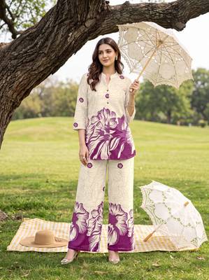 Cream purple printed rayon 2-pieces co-ord sets for women 1