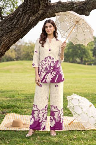 Cream purple printed rayon 2-pieces co-ord sets for women