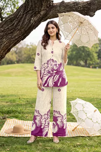 Cream purple printed rayon 2-pieces co-ord sets for women
