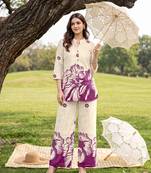 Cream purple printed rayon 2-pieces co-ord sets for women