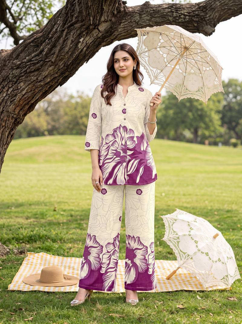 Cream purple printed rayon 2-pieces co-ord sets for women