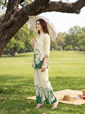 Cream green printed rayon 2-pieces co-ord sets for women 3